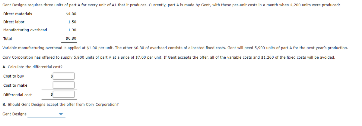 Gent Designs requires three units of part A for every unit of A1 that it produces. Currently, part A is made by Gent, with these per-unit costs in a month when 4,200 units were produced:
Direct materials
$4.00
Direct labor
1.50
Manufacturing overhead
1.30
Total
$6.80
Variable manufacturing overhead is applied at $1.00 per unit. The other $0.30 of overhead consists of allocated fixed costs. Gent will need 5,900 units of part A for the next year's production.
Cory Corporation has offered to supply 5,900 units of part A at a price of $7.00 per unit. If Gent accepts the offer, all of the variable costs and $1,260 of the fixed costs will be avoided.
A. Calculate the differential cost?
Cost to buy
Cost to make
Differential cost
B. Should Gent Designs accept the offer from Cory Corporation?
Gent Designs
