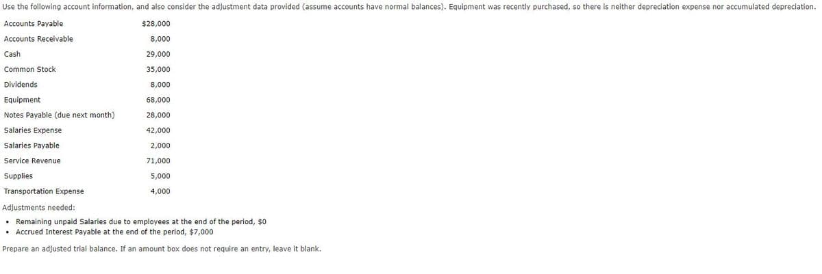 Use the following account information, and also consider the adjustment data provided (assume accounts have normal balances). Equipment was recently purchased, so there is neither depreciation expense nor accumulated depreciation.
Accounts Payable
$28,000
Accounts Receivable
8,000
Cash
29,000
Common Stock
35,000
Dividends
8,000
Equipment
68,000
Notes Payable (due next month)
28,000
Salaries Expense
42,000
Salaries Payable
2,000
Service Revenue
71,000
Supplies
5,000
Transportation Expense
4,000
Adjustments needed:
• Remaining unpaid Salaries due to employees at the end of the period, $o
• Accrued Interest Payable at the end of the period, $7,000
Prepare an adjusted trial balance. If an amount box does not require an entry, leave it blank.
