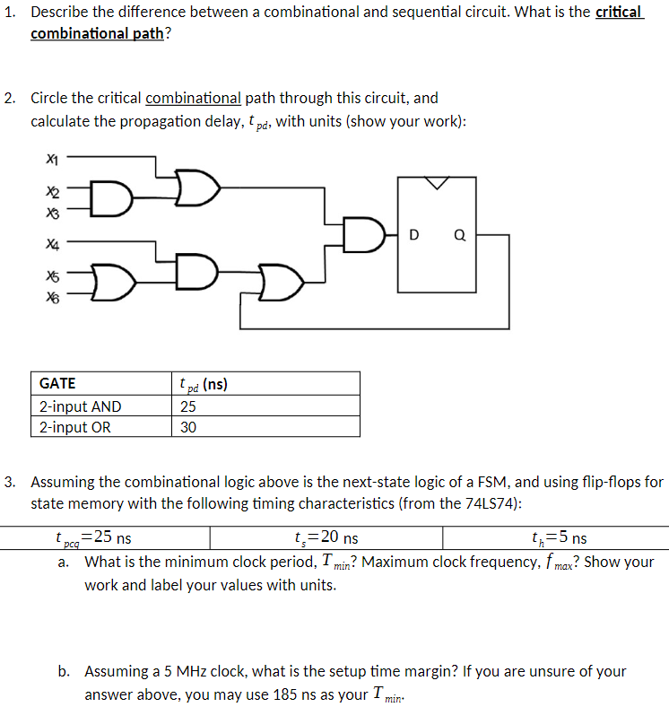 1. Describe the difference between a combinational and sequential circuit. What is the critical
combinational path?
2. Circle the critical combinational path through this circuit, and
calculate the propagation delay, tpd, with units (show your work):
X1
* *
के जे
D
Đ
GATE
2-input AND
2-input OR
tpd (ns)
25
30
D Q
3. Assuming the combinational logic above is the next-state logic of a FSM, and using flip-flops for
state memory with the following timing characteristics (from the 74LS74):
t=25 ns
t₂ =20 ns
t₁ = 5 ns
a. What is the minimum clock period, I min? Maximum clock frequency, f max? Show your
work and label your values with units.
b. Assuming a 5 MHz clock, what is the setup time margin? If you are unsure of your
answer above, you may use 185 ns as your I min