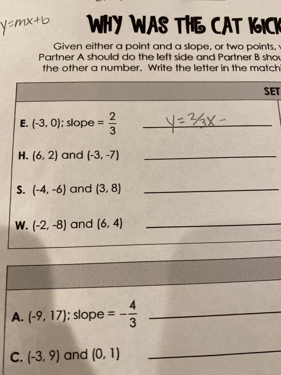 y=mx+b
WHY WAS THE CAT KICK
Given either a point and a slope, or two points, v
Partner A should do the left side and Partner B shou
the other a number. Write the letter in the matchi
SET
2
E. (-3, 0); slope
%3D
3
H. (6, 2) and (-3, -7)
S. (-4, -6) and (3, 8)
W. (-2, -8) and (6, 4)
A. (-9, 17); slope =
%3D
--
C. (-3, 9) and (0, 1)
4/3
