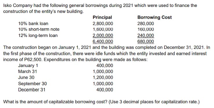 Isko Company had the following general borrowings during 2021 which were used to finance the
construction of the entity's new building.
Principal
Borrowing Cost
280,000
10% bank loan
2,800,000
10% short-term note
1,600,000
160,000
2,000,000
6,400,000
The construction began on January 1, 2021 and the building was completed on December 31, 2021. In
the first phase of the construction, there were idle funds which the entity invested and earned interest
12% long-term loan
240,000
680,000
income of P62,500. Expenditures on the building were made as follows:
January 1
March 31
400,000
1,000,000
June 30
1,200,000
September 30
1,000,000
December 31
400,000
What is the amount of capitalizable borrowing cost? (Use 3 decimal places for capitalization rate.)
