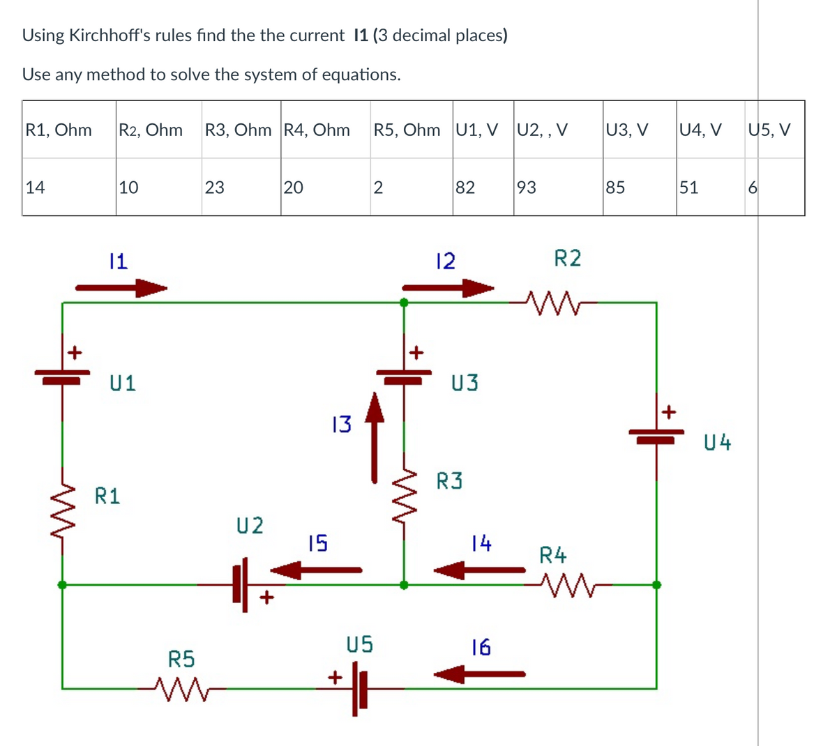 Using Kirchhoff's rules find the the current 11 (3 decimal places)
Use any method to solve the system of equations.
R1, Ohm
R2, Ohm
R3, Ohm R4, Ohm R5, Ohm U1, V U2,, V
U3, V
U4, V
U5, V
14
10
23
20
2
82
93
85
51
6
ww
|1
+
12
R2
U1
U3
13
R3
R1
U2
15
ш
14
R4
W
U5
16
R5
+
ww
04