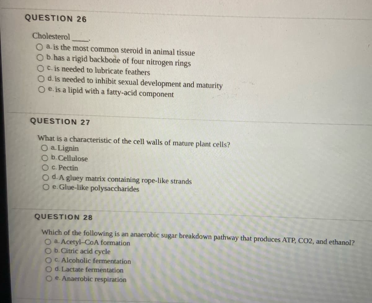 QUESTION 26
Cholesterol
a. is the most common steroid in animal tissue
b.has a rigid backbone of four nitrogen rings
OC. is needed to lubricate feathers
O d. is needed to inhibit sexual development and maturity
O e. is a lipid with a fatty-acid component
QUESTION 27
What is a characteristic of the cell walls of mature plant cells?
O a. Lignin
O b.Cellulose
OC. Pectin
O d.A gluey matrix containing rope-like strands
O e. Glue-like polysaccharides
QUESTION 28
Which of the following is an anaerobic sugar breakdown pathway that produces ATP, CO2, and ethanol?
O a. Acetyl-CoA formation
O b.Citric acid cycle
OC. Alcoholic fermentation
d. Lactate fermentation
O e. Anaerobic respiration
