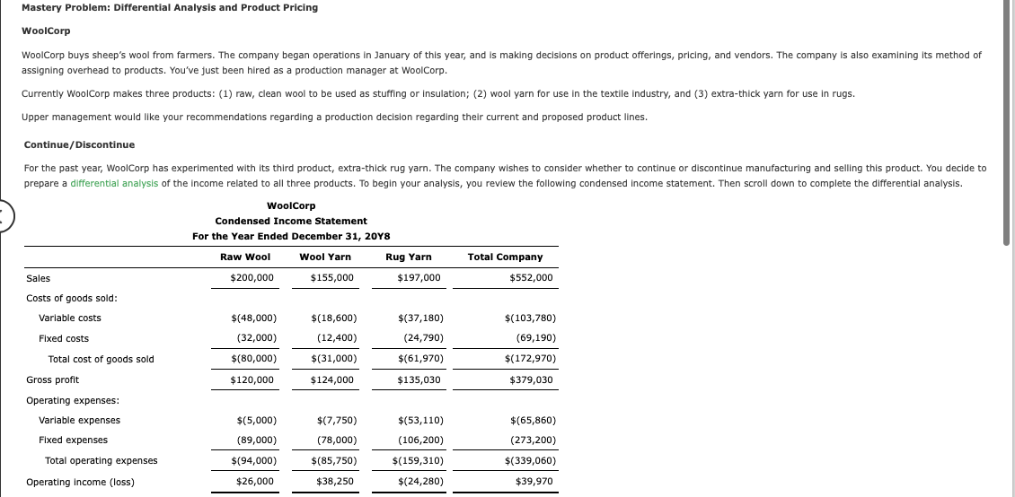 Mastery Problem: Differential Analysis and Product Pricing
WoolCorp
WoolCorp buys sheep's wool from farmers. The company began operations in January of this year, and is making decisions on product offerings, pricing, and vendors. The company is also examining its method of
assigning overhead to products. You've just been hired as a production manager at WoolCorp.
Currently WoolCorp makes three products: (1) raw, clean wool to be used as stuffing or Insulation; (2) wool yarn for use in the textile industry, and (3) extra-thick yarn for use in rugs.
Upper management would like your recommendations regarding a production decision regarding their current and proposed product lines.
Continue/Discontinue
For the past year, WoolCorp has experimented with its third product, extra-thick rug yarn. The company wishes to consider whether to continue or discontinue manufacturing and selling this product. You decide to
prepare a differential analysis the income related to all three products. To begin your analysis, you review the following condensed Income statement. Then scroll down to complete the differential analysis.
Sales
Costs of goods sold:
Variable costs
Fixed costs
Total cost of goods sold
Gross profit
Operating expenses:
Variable expenses
Fixed expenses
Total operating expenses
Operating Income (loss)
WoolCorp
Condensed Income Statement
For the Year Ended December 31, 20Y8
Raw Wool
Wool Yarn
$155,000
$200,000
$(48,000)
(32,000)
$(80,000)
$120,000
$(5,000)
(89,000)
$(94,000)
$26,000
$(18,600)
(12,400)
$(31,000)
$124,000
$(7,750)
(78,000)
$(85,750)
$38,250
Rug Yarn
$197,000
$(37,180)
(24,790)
$(61,970)
$135,030
$(53,110)
(106,200)
$(159,310)
$(24,280)
Total Company
$552,000
$(103,780)
(69,190)
$(172,970)
$379,030
$(65,860)
(273,200)
$(339,060)
$39,970