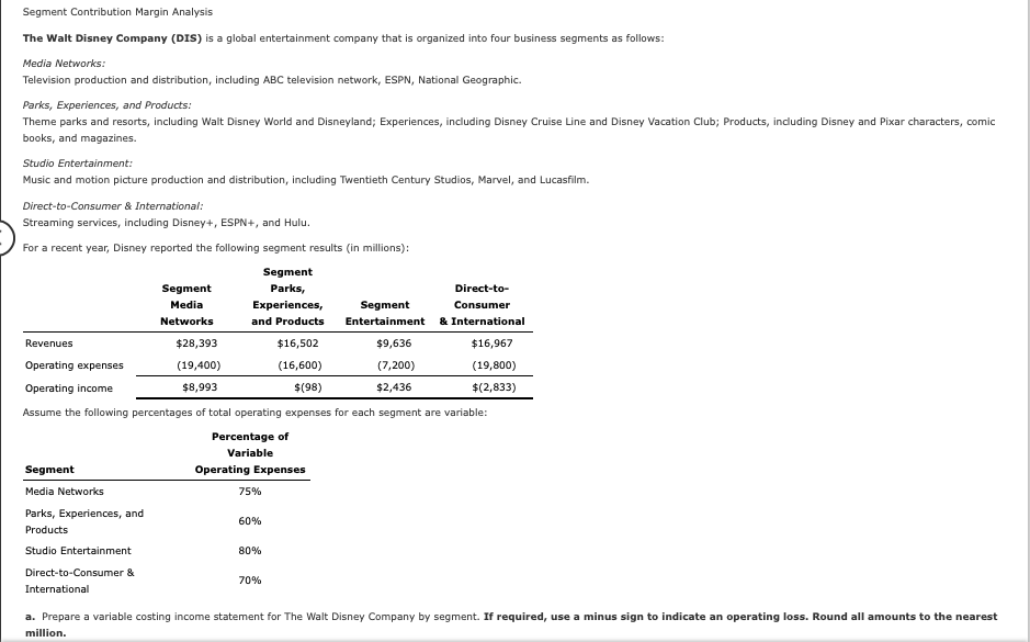 Segment Contribution Margin Analysis
The Walt Disney Company (DIS) is a global entertainment company that is organized into four business segments as follows:
Media Networks:
Television production and distribution, including ABC television network, ESPN, National Geographic.
Parks, Experiences, and Products:
Theme parks and resorts, including Walt Disney World and Disneyland; Experiences, including Disney Cruise Line and Disney Vacation Club; Products, including Disney and Pixar characters, comic
books, and magazines.
Studio Entertainment:
Music and motion picture production and distribution, including Twentieth Century Studios, Marvel, and Lucasfilm.
Direct-to-Consumer & International:
Streaming services, including Disney+, ESPN+, and Hulu.
For a recent year, Disney reported the following segment results (in millions):
Segment
Parks,
Experiences,
and Products
Revenues
$16,502
Operating expenses
(16,600)
Operating income
$(98)
Assume the following percentages of total operating expenses for each segment are variable:
Segment
Media Networks
Parks, Experiences, and
Products
Studio Entertainment
Direct-to-Consumer &
International
Segment
Media
Networks
$28,393
(19,400)
$8,993
Percentage of
Variable
Operating Expenses
75%
60%
80%
70%
Direct-to-
Consumer
Segment
Entertainment & International
$9,636
(7,200)
$2,436
$16,967
(19,800)
$(2,833)
a. Prepare a variable costing income statement for The Walt Disney Company by segment. If required, use a minus sign to indicate an operating loss. Round all amounts to the nearest
million.