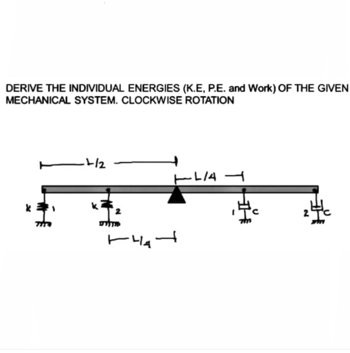 DERIVE THE INDIVIDUAL ENERGIES (K.E, P.E. and Work) OF THE GIVEN
MECHANICAL SYSTEM. CLOCKWISE ROTATION
-/2
ーL/4
ELIA H
ーHa
