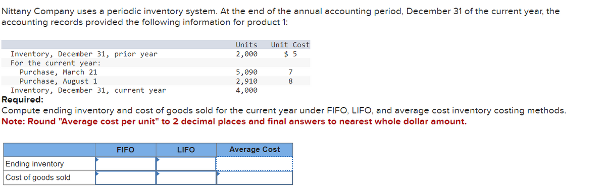 Nittany Company uses a periodic inventory system. At the end of the annual accounting period, December 31 of the current year, the
accounting records provided the following information for product 1:
Ending inventory
Cost of goods sold
Inventory, December 31, prior year
For the current year:
Purchase, March 21
Purchase, August 1
Inventory, December 31, current year
Required:
Compute ending inventory and cost of goods sold for the current year under FIFO, LIFO, and average cost inventory costing methods.
Note: Round "Average cost per unit" to 2 decimal places and final answers to nearest whole dollar amount.
FIFO
Units
2,000
LIFO
Unit Cost
$5
5,090
2,910
4,000
Average Cost
7
8