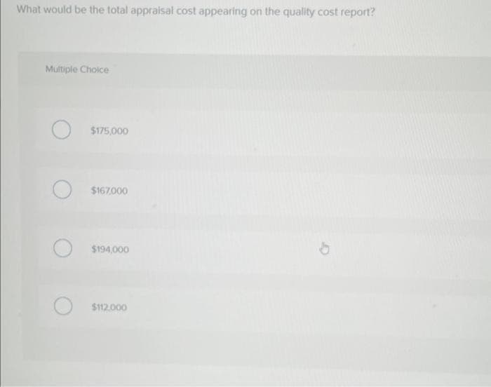 What would be the total appraisal cost appearing on the quality cost report?
Multiple Choice
$175,000
$167,000
$194,000
$112.000