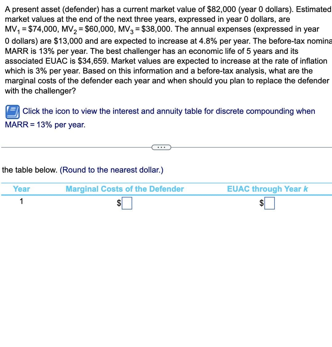 A present asset (defender) has a current market value of $82,000 (year 0 dollars). Estimated
market values at the end of the next three years, expressed in year 0 dollars, are
MV₁ = $74,000, MV₂ = $60,000, MV3 = $38,000. The annual expenses (expressed in year
0 dollars) are $13,000 and are expected to increase at 4.8% per year. The before-tax nomina
MARR is 13% per year. The best challenger has an economic life of 5 years and its
associated EUAC is $34,659. Market values are expected to increase at the rate of inflation
which is 3% per year. Based on this information and a before-tax analysis, what are the
marginal costs of the defender each year and when should you plan to replace the defender
with the challenger?
Click the icon to view the interest and annuity table for discrete compounding when
MARR = 13% per year.
...
the table below. (Round to the nearest dollar.)
Year
1
Marginal Costs of the Defender
EUAC through Year k