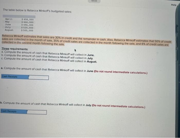 The table below is Rebecca Minkoff's budgeted sales:
April
May
June
July
August
$458,000
$466,000
$496,000
$520,000
$ 505,000
Cash Receipts
Seved
Rebecca Minkoff estimates that sales are 30% in credit and the remainder in cash. Also, Rebecca Minkoff estimates that 50% of credit
sales are collected in the month of sale, 35% of credit sales are collected in the month following the sale, and 6% of credit sales are
collected in the second month following the sale.
Three requirements:
a. Compute the amount of cash that Rebecca Minkoff will collect in June.
b. Compute the amount of cash that Rebecca Minkoff will collect in July.
c. Compute the amount of cash that Rebecca Minkoff will collect in August.
a. Compute the amount of cash that Rebecca Minkoff will collect in June (Do not round intermediate calculations.)
Cash Receipts
b. Compute the amount of cash that Rebecca Minkoff will collect in July (Do not round intermediate calculations.)
Help