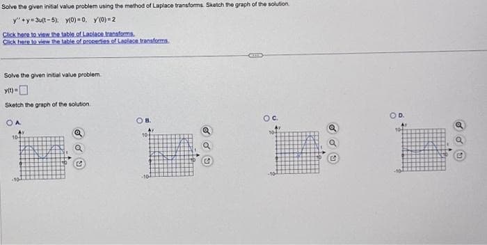 Solve the given initial value problem using the method of Laplace transforms Sketch the graph of the solution
y' y 3u(t-5); y(0)=0. y(0)-2
Click here to view the table of Laplace transforms.
Click here to view the table of properties of Laplace transforms
Solve the given initial value problem.
y(t) =
Sketch the graph of the solution.
OA
104
Q
C
OB.
AY
10
SU
D.
10
AV
૪૪ ()