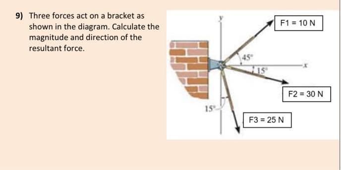 9) Three forces act on a bracket as
shown in the diagram. Calculate the
magnitude and direction of the
resultant force.
15
15
F1 = 10 N
F3 = 25 N
F2 = 30 N