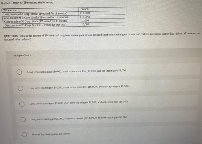 In 2022, Taxpayer (TP) realized the following:
W2 income
Loss on sale of A Corp. stock (IP owned for 18 months)
Loss on sale of B Corp Stock (TP owned for 11 months)
Gain on sale of C Corp. Stock (TP owned for 13 months)
Gam on sale of D Corp Stock (TP owned for one year)
QUESTION: What is the amount of TP's realized long term capital gain or loss, realized short term capital gain or loss, and realized net capital gain or loss? (Note: all amounts are
assumed to be realized.)
Multiple Choice
60,000
(10,000)
(16,000)
21,000
10,000
Long term capital gain $10,000; short term capital loss ($5,000), and net capital gain $5,000.
Long term capital gain $11,000; short term capitel loss ($6,000), and net capital gain $5,000.
Long term capital gain $3,000; short term capital gain $2.000, and net capital loss ($5,000)
Long term capital gain $3,000, short term capital gain $2,000, and net capital gain $5,000
None of the other choices are correct