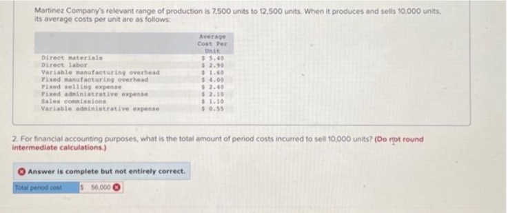 Martinez Company's relevant range of production is 7,500 units to 12,500 units. When it produces and sells 10,000 units,
its average costs per unit are as follows:
Direct materials
Direct labor
Variable manufacturing overhead
Fixed manufacturing overhead
Fixed selling expense
Fixed administrative expense
Sales commissions
Variable administrative expense
Average
Cost Per
Unit
$ 5.40
$ 2.90
$
1.60
$ 4.00
$2.40
$ 2.10
$ 1.10
$ 0.55
2. For financial accounting purposes, what is the total amount of period costs incurred to sell 10,000 units? (Do rpt round
intermediate calculations.)
Answer is complete but not entirely correct.
Total period cost
$ 56,000
