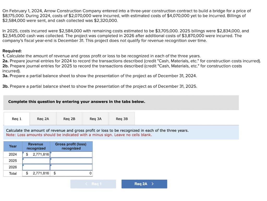 On February 1, 2024, Arrow Construction Company entered into a three-year construction contract to build a bridge for a price of
$8,175,000. During 2024, costs of $2,070,000 were incurred, with estimated costs of $4,070,000 yet to be incurred. Billings of
$2,584,000 were sent, and cash collected was $2,320,000.
In 2025, costs incurred were $2,584,000 with remaining costs estimated to be $3,705,000. 2025 billings were $2,834,000, and
$2,545,000 cash was collected. The project was completed in 2026 after additional costs of $3,870,000 were incurred. The
company's fiscal year-end is December 31. This project does not qualify for revenue recognition over time.
Required:
1. Calculate the amount of revenue and gross profit or loss to be recognized in each of the three years.
2a. Prepare journal entries for 2024 to record the transactions described (credit "Cash, Materials, etc." for construction costs incurred).
2b. Prepare journal entries for 2025 to record the transactions described (credit "Cash, Materials, etc." for construction costs
incurred).
3a. Prepare a partial balance sheet to show the presentation of the project as of December 31, 2024.
3b. Prepare a partial balance sheet to show the presentation of the project as of December 31, 2025.
Complete this question by entering your answers in the tabs below.
Req 1
Year
Req 2A
2024
2025
2026
Total
Calculate the amount of revenue and gross profit or loss to be recognized in each of the three years.
Note: Loss amounts should be indicated with a minus sign. Leave no cells blank.
Revenue
recognized
$ 2,771,816
Req 2B
Gross profit (loss)
recognized
$ 2,771,816 $
Req 3A
0
Req 3B
< Req 1
Req 2A >