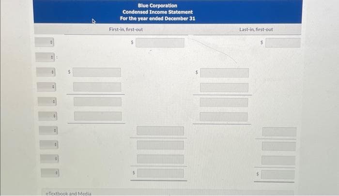 Blue Corporation
Condensed Income Statement
For the year ended December 31
eTextbook and Media
First-in, first-out
INI
Last-in, first-out