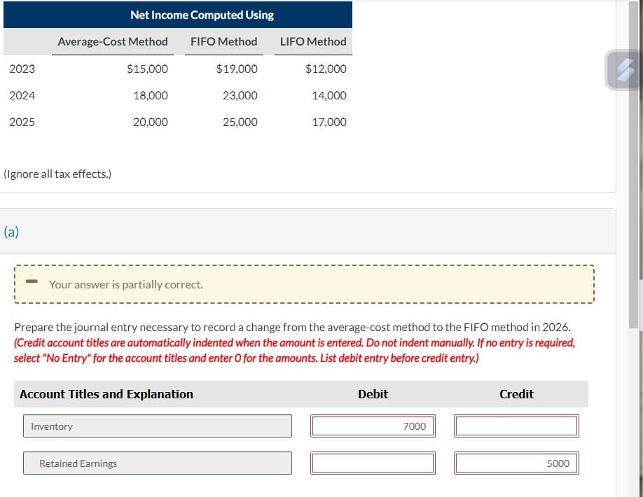 2023
2024
2025
Net Income Computed Using
Average-Cost Method FIFO Method LIFO Method
$15,000
$19,000
$12,000
18,000
23,000
14,000
20,000
25,000
(Ignore all tax effects.)
(a)
Your answer is partially correct.
Prepare the journal entry necessary to record a change from the average-cost method to the FIFO method in 2026.
(Credit account titles are automatically indented when the amount is entered. Do not indent manually. If no entry is required,
select "No Entry" for the account titles and enter O for the amounts. List debit entry before credit entry.)
Account Titles and Explanation
Inventory
17,000
Retained Earnings
Debit
7000
Credit
5000