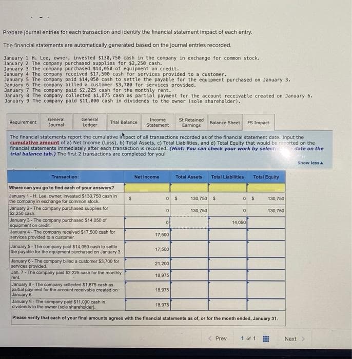 Prepare journal entries for each transaction and identify the financial statement impact of each entry.
The financial statements are automatically generated based on the journal entries recorded.
January 1 H. Lee, owner, invested $130,750 cash in the company in exchange for common stock.
January 2 The company purchased supplies for $2,250 cash.
January 3 The company purchased $14,050 of equipment on credit.
January 4 The company received $17,500 cash for services provided to a customer.
January 5 The company paid $14,050 cash to settle the payable for the equipment purchased on January 3.
January 6 The company billed a customer $3,700 for services provided.
January 7 The company paid $2,225 cash for the monthly rent.
January 8 The company collected $1,875 cash as partial payment for the account receivable created on January 6.
January 9 The company paid $11,000 cash in dividends to the owner (sole shareholder).
Requirement
General
Journal
General
Ledger
Transaction:
Trial Balance
Where can you go to find each of your answers?
January 1-H. Lee, owner, invested $130,750 cash in
the company in exchange for common stock.
January 2- The company purchased supplies for
$2,250 cash.
The financial statements report the cumulative impact of all transactions recorded as of the financial statement date. Input the
cumulative amount of a) Net Income (Loss), b) Total Assets, c) Total Liabilities, and d) Total Equity that would be reported on the
financial statements immediately after each transaction is recorded. (Hint: You can check your work by selecti
trial balance tab.) The first 2 transactions are completed for you!
date on the
January 3-The company purchased $14,050 of
equipment on credit
January 4-The company received $17.500 cash for
services provided to a customer.
January 5-The company paid $14,050 cash to settle
the payable for the equipment purchased on January 3.
January 6- The company billed a customer $3,700 for
services provided.
Jan. 7- The company paid $2,225 cash for the monthly
rent.
January 8- The company collected $1,875 cash as
partial payment for the account receivable created on
January 6,
Income
Statement
$
Net Income
0
0
17,500
0 $ 130,750 $
130,750
17,500
21,200
18,975
St Retained
Earnings
18,975
Balance Sheet FS Impact
Total Assets
18,975
Total Liabilities
Prev
0 $
0
Total Equity
14,050
January 9- The company paid $11,000 cash in
dividends to the owner (sole shareholder).
Please verify that each of your final amounts agrees with the financial statements as of, or for the month ended, January 31.
130,750
1 of 1
130,750
www
www
Show less A
Next >