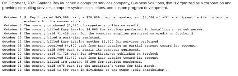 On October 1, 2021, Santana Rey launched a computer services company, Business Solutions, that is organized as a corporation and
provides consulting services, computer system installations, and custom program development.
October 1 S. Rey invested $45,000 cash, a $20,000 computer system, and $8,000 of office equipment in the company in
exchange for its common stock..
October 3 The company purchased $1,420 of computer supplies on credit.
October 6 The company billed Easy Leasing $4,800 for services performed in installing a new web server.
October 8 The company paid $1,420 cash for the computer supplies purchased on credit on October 3.
October 10 The company hired a part-time assistant.
October 12 The company billed Easy Leasing another $1,400 for services performed.
October 15 The company received $4,800 cash from Easy Leasing as partial payment toward its account.
October 17 The company paid $805 cash to repair its computer equipment.
October 20 The company paid $1,728 cash for advertisements published on Facebook.
October 22 The company received $1,400 cash from Easy Leasing toward its account.
October 28 The company billed IFM Company $5,208 for services performed.
October 31 The company paid $875 cash for the assistant's wages for this month.
October 31 The company paid $3,600 cash in dividends to the owner (sole shareholder).