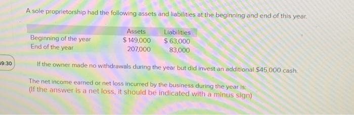 19:30
A sole proprietorship had the following assets and liabilities at the beginning and end of this year.
Liabilities
$ 63,000
83,000
If the owner made no withdrawals during the year but did invest an additional $45,000 cash.
The net income earned or net loss incurred by the business during the year is:
(If the answer is a net loss, it should be indicated with a minus sign)
Beginning of the year
End of the year
Assets
$ 149,000
207,000