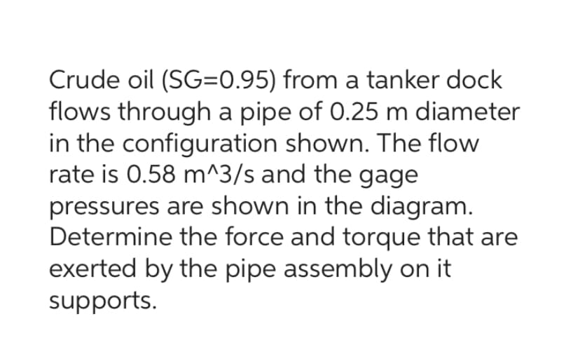 Crude oil (SG=0.95) from a tanker dock
flows through a pipe of 0.25 m diameter
in the configuration shown. The flow
rate is 0.58 m^3/s and the gage
pressures are shown in the diagram.
Determine the force and torque that are
exerted by the pipe assembly on it
supports.