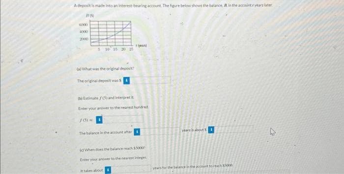 A deposit is made into an interest-bearing account. The figure below shows the balance. A in the account years later
R(S)
0000
4000
2000
5 10 15 20 25
(a) What was the original deposit?
The original deposit was $
rea
(b) Estimate (5) and interpret it
Enter your answer to the nearest hundred
f(3) =
The balance in the account after
id) When does the balance reach $5000
Enter your answer to the nearest integer
It takes about&
years is about S
years for the balance in the account to reach 55000)