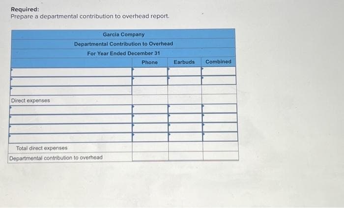 Required:
Prepare a departmental contribution to overhead report.
Direct expenses
Garcia Company
Departmental Contribution to Overhead
For Year Ended December 31
Phone
Total direct expenses
Departmental contribution to overhead
Earbuds Combined