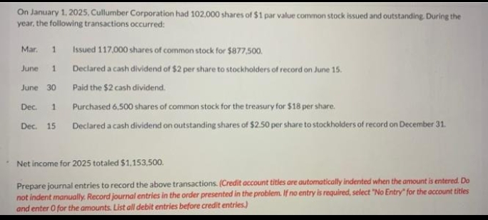 On January 1, 2025, Cullumber Corporation had 102,000 shares of $1 par value common stock issued and outstanding. During the
year, the following transactions occurred:
1 Issued 117,000 shares of common stock for $877,500.
Declared a cash dividend of $2 per share to stockholders of record on June 15.
Paid the $2 cash dividend.
Purchased 6.500 shares of common stock for the treasury for $18 per share.
Declared a cash dividend on outstanding shares of $2.50 per share to stockholders of record on December 31.
Mar.
June 1
June 30
Dec. 1
Dec. 15
Net income for 2025 totaled $1,153,500.
Prepare journal entries to record the above transactions. (Credit account titles are automatically indented when the amount is entered. Do
not indent manually. Record journal entries in the order presented in the problem. If no entry is required, select "No Entry" for the account titles
and enter O for the amounts. List all debit entries before credit entries.)