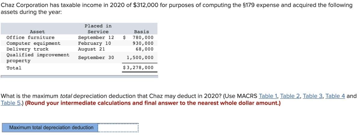Chaz Corporation has taxable income in 2020 of $312,000 for purposes of computing the §179 expense and acquired the following
assets during the year:
Asset
Office furniture
Computer equipment
Delivery truck
Qualified improvement
property
Total
Placed in
Service
September 12
February 10
August 21
September 30
Basis
780,000
930,000
68,000
1,500,000
$3,278,000
Maximum total depreciation deduction
$
What is the maximum total depreciation deduction that Chaz may deduct in 2020? (Use MACRS Table 1, Table 2, Table 3, Table 4 and
Table 5.) (Round your intermediate calculations and final answer to the nearest whole dollar amount.)