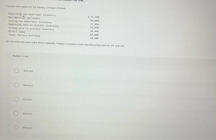 Current information for the Healey Company follows
Beginning raw materials inventory
Raw material purchases
Ending raw materials inventory
Beginning work in process inventory
Ending work in process inventory
Direct labor
Total factory overhead
All raw materials used were direct materials Healey Company's total manufacturing costs for the year are
Multiple Choice
$132.200
$140.600
$137.800
$143.400
$ 15,600
64,000
O $144.200
17,000
22,800
28,400
44,800
30,400