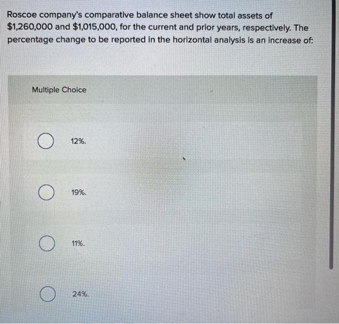 Roscoe company's comparative balance sheet show total assets of
$1,260,000 and $1,015,000, for the current and prior years, respectively. The
percentage change to be reported in the horizontal analysis is an increase of:
Multiple Choice
O
O
O
O
12%.
19%.
11%.
24%.