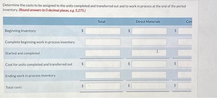 Determine the costs to be assigned to the units completed and transferred out and to work in process at the end of the period
inventory. (Round answers to O decimal places, e.g. 5,275.)
Beginning Inventory
Complete beginning work in process inventory
Started and completed
Cost for units completed and transferred out
Ending work in process inventory
Total costs
$
$
Total
$
Direct Materials
Con