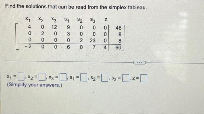 Find the solutions that can be read from the simplex tableau.
X₁ X₂ X3 S₁ S2 S3
4
0
0
0 0
0
2
0
0
0
0
2 23
0
-2
0 7 4
0
0
2000
12
9
3
0
06
N
48
8
8
60
x₁ = ₁x₂ = x3 =₁ $₁=₁ $₂=₁ $3= ₁2 =
(Simplify your answers.)