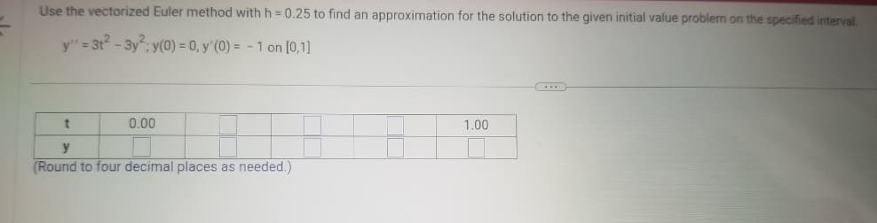 Use the vectorized Euler method with h = 0.25 to find an approximation for the solution to the given initial value problem on the specified interval.
y" = 3t²-3y²; y(0) = 0, y'(0) = -1 on [0,1]
t
0.00
y
(Round to four decimal places as needed.)
1.00
(...)