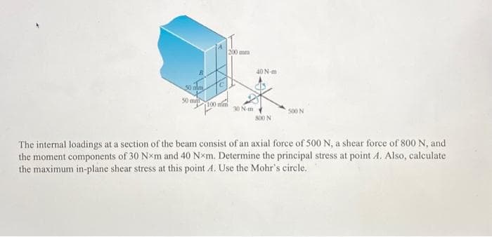 30 mm
50 m
C
100 mm
200 mm
30 N-m
40 N-m
800 N
500 N
The internal loadings at a section of the beam consist of an axial force of 500 N, a shear force of 800 N, and
the moment components of 30 Nxm and 40 Nxm. Determine the principal stress at point A. Also, calculate
the maximum in-plane shear stress at this point A. Use the Mohr's circle.