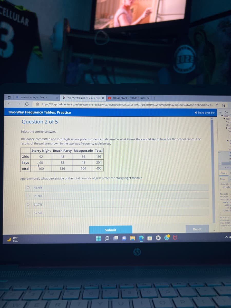 On this educational webpage, students can practice interpreting and analyzing two-way frequency tables. Here is an example question that students might encounter:

---

**Two-Way Frequency Tables: Practice**

**Question 2 of 5**

Select the correct answer.

The dance committee at a local high school polled students to determine what theme they would like to have for the school dance. The results of the poll are shown in the two-way frequency table below:

|             | Starry Night | Beach Party | Masquerade | Total |
|-------------|--------------|-------------|------------|-------|
| **Girls**   | 92           | 48          | 56         | 196   |
| **Boys**    | 68           | 88          | 48         | 204   |
| **Total**   | 160          | 136         | 104        | 400   |

Approximately what percentage of the total number of girls prefer the Starry Night theme?

- 46.9%
- 73.9%
- 34.7%
- 57.5%

**Explanation of Table:**
- The table summarizes the preferences of girls and boys for three different dance themes: Starry Night, Beach Party, and Masquerade.
- The first row shows the number of girls who prefer each theme and the total number of girls polled.
- The second row shows the number of boys who prefer each theme and the total number of boys polled.
- The third row shows the total preferences for each theme and the overall total number of students polled.

To calculate the percentage of girls who prefer the Starry Night theme:
\[ \text{Percentage} = \left( \frac{\text{Number of Girls who prefer Starry Night}}{\text{Total Number of Girls}} \right) \times 100 \]
\[ = \left( \frac{92}{196} \right) \times 100 \]
\[ \approx 46.9\% \]

After making your selection, click "Submit" to check your answer.

---

This practice question helps students understand how to interpret frequency tables and calculate percentages related to categorical data.