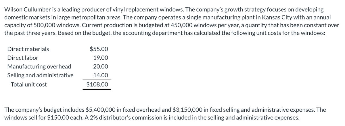 Wilson Cullumber is a leading producer of vinyl replacement windows. The company's growth strategy focuses on developing
domestic markets in large metropolitan areas. The company operates a single manufacturing plant in Kansas City with an annual
capacity of 500,000 windows. Current production is budgeted at 450,000 windows per year, a quantity that has been constant over
the past three years. Based on the budget, the accounting department has calculated the following unit costs for the windows:
Direct materials
Direct labor
Manufacturing overhead
Selling and administrative
Total unit cost
$55.00
19.00
20.00
14.00
$108.00
The company's budget includes $5,400,000 in fixed overhead and $3,150,000 in fixed selling and administrative expenses. The
windows sell for $150.00 each. A 2% distributor's commission is included in the selling and administrative expenses.