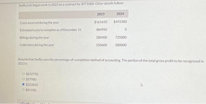 Swifty Ltd. began work in 2023 on a contract for $971000. Other details follow:
Costs incurred during the year
Estimated costs to complete as of December 31
Billings during the year
Collections during the year
O $242750.
O $57900.
$323850.
O $81100
2023
Tatou
$161650
484950
180400
150600
2024
$493300
Assume that Swifty uses the percentage-of-completion method of accounting. The portion of the total gross profit to be recognized in
2023 is
0
725000
580000