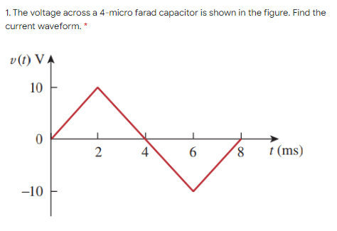 1. The voltage across a 4-micro farad capacitor is shown in the figure. Find the
current waveform. *
v (t) V A
10
4
6.
8,
t (ms)
-10
