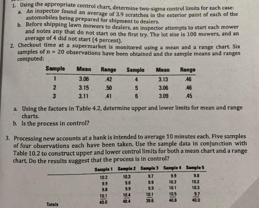 1. Using the appropriate control chart, determine two-sigma control limits for each case:
a. An inspector found an average of 3.9 scratches in the exterior paint of each of the
automobiles being prepared for shipment to dealers.
b. Before shipping lawn mowers to dealers, an inspector attempts to start each mower
and notes any that do not start on the first try. The lot size is 100 mowers, and an
average of 4 did not start (4 percent).
2. Checkout time at a supermarket is monitored using a mean and a range chart. Six
samples of n = 20 observations have been obtained and the sample means and ranges
computed:
Sample
Mean
Range
Sample
Mean
Range
1
3.06
.42
4.
3.13
46
3.15
.50
3.06
46
3.11
.41
3.09
45
a. Using the factors in Table 4.2, determine upper and lower limits for mean and range
charts.
b. Is the process in control?
3. Processing new accounts at a bank is intended to average 10 minutes each. Five samples
of four observations each have been taken. Use the sample data inń conjunction with
Table 10.2 to construct upper and lower control limits for both a mean chart and a range
chart. Do the results suggest that the process is in control?
Sample 1 Sample 2 Sample 3 Sample 4 Sample 5
9.8
10.2
10.3
9.7
9.9
9.9
9.8
9.9
10.3
10.2
9.8
9.9
9.9
10.1
10.3
10.1
10.4
10.1
10.5
9.7
40.4
39.6
40.8
40.0
40.0
Totals
