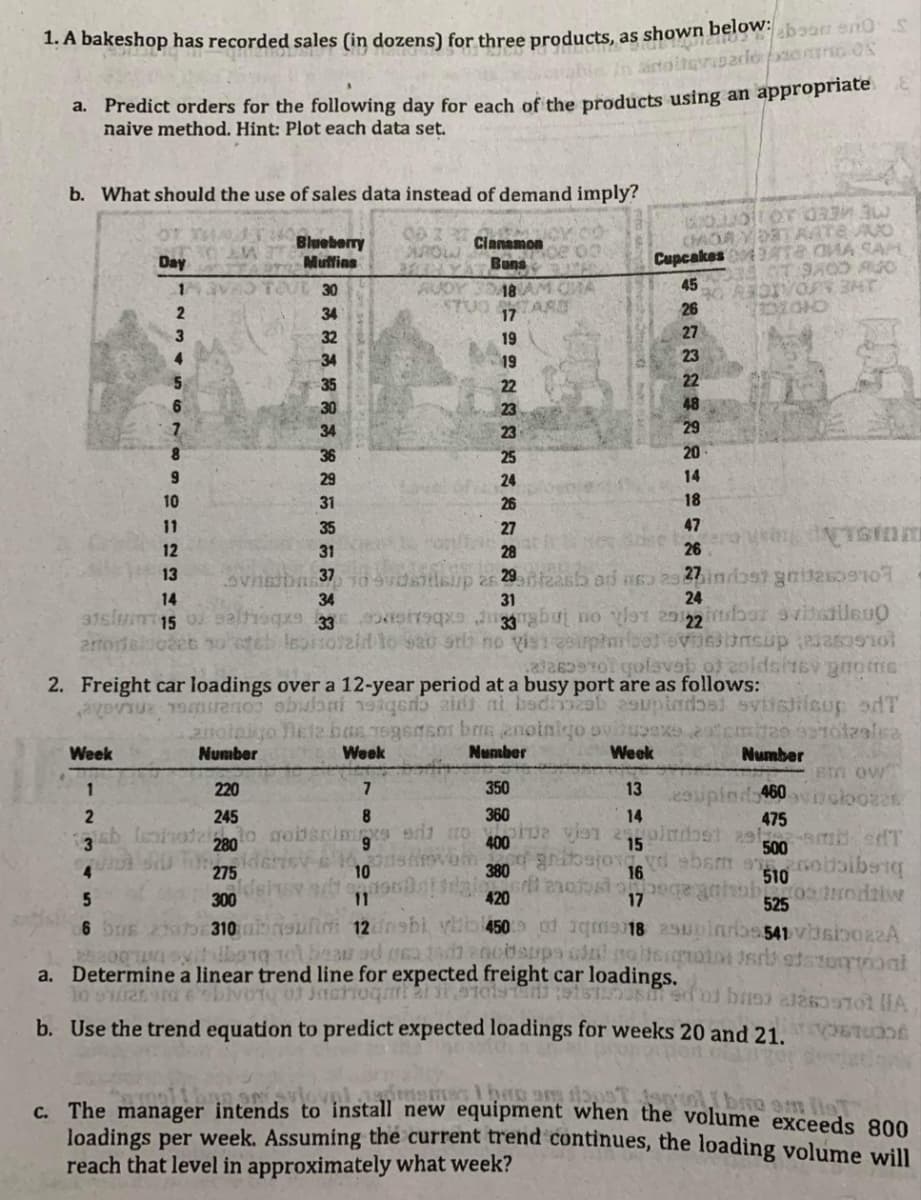 1. A bakeshop has recorded sales (in dozens) for three products, as shown below:
a. Predict orders for the following day for each of the products using an appropriate
naive method. Hint: Plot each data set.
b. What should the use of sales data instead of demand imply?
CHAOA YD AATE AUO
Cupcakes ATe OMA SAM
ICY CO
Cianamon
Blueberry
Muffins
ARO
Co.20
AUDY 3518 AM CA
ARS
Day
13VA TOUE 30
45
34
17
26
27
19
4.
19
23
22
22
23
48
7.
23
29
8.
36
25
20
29
24
14
10
31
26
18
11
35
27
47
12
31
26
aasb ad u 2s 27.in/ost gai250910
31
13
14
34
24
31slumm
15
lebisolaid to sau arh no
alaserol qulavab o 2oidsi16V gnome
2. Freight car loadings over a 12-year period at a busy port are as follows:
21noinio le12 bas Tegenso ba anoinigo
Number
Week
Week
Number
Week
Number
Em ow
350
upind 460
475
1
220
7
13
245
360
14
pirotello goibsrims sdi to
400
280
6.
15
500
4
275
10
380
16
510
420
bisqicnoue wsqe ph
300
11
17
525
6 SE 2b 310
uftni 12 nsbi, vib 450 01 8 25pinrbe541 vdsinoz2A
a. Determine a linear trend line for expected freight car loadings.
b. Use the trend equation to predict expected loadings for weeks 20 and 21.VOSTUD
c. The manager intends to install new equipment when the volume exceeds 800
loadings per week. Assuming the current trend continues, the loading volume will
reach that level in approximately what week?
