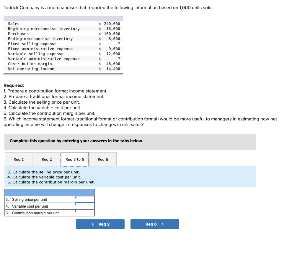 ### Todrick Company: Financial Analysis Exercise

Todrick Company is a merchandiser that reported the following information based on 1,000 units sold:

#### Financial Data:
- **Sales:** $240,000
- **Beginning Merchandise Inventory:** $16,000
- **Purchases:** $160,000
- **Ending Merchandise Inventory:** $50,000
- **Fixed Selling Expense:** $9,000
- **Fixed Administrative Expense:** $9,600
- **Variable Selling Expense:** $12,000
- **Variable Administrative Expense:** (Amount not specified)
- **Contribution Margin:** $48,000
- **Net Operating Income:** $14,400

#### Required Tasks:
1. **Prepare a Contribution Format Income Statement.**
2. **Prepare a Traditional Format Income Statement.**
3. **Calculate the Selling Price per Unit.**
4. **Calculate the Variable Cost per Unit.**
5. **Calculate the Contribution Margin per Unit.**
6. **Identify which Income Statement Format (Traditional or Contribution) would be more useful for managers in estimating changes in net operating income as responses to changes in unit sales.**

#### Interactive Section:
Complete the question by entering your answers in the tabs below.

**Tabulated Data Entry for Calculations:**
- **Requirement 3 to 5:**

| Entry Field                         | Value |
|-------------------------------------|-------|
| 3. Selling price per unit           |       |
| 4. Variable cost per unit           |       |
| 5. Contribution margin per unit     |       |

### Navigation:
- **Previous Section:** [Requirement 2](#)
- **Next Section:** [Requirement 6](#)

Use this form to input your calculated values for a comprehensive understanding of the financial metrics and their implications on business decision-making.

This exercise aims to enhance your grasp of income statement preparation and the strategic evaluation of financial data to aid managerial decisions. 

For assistance with the calculations or any conceptual misunderstandings, please refer to our financial tutorial series or contact our support team.
