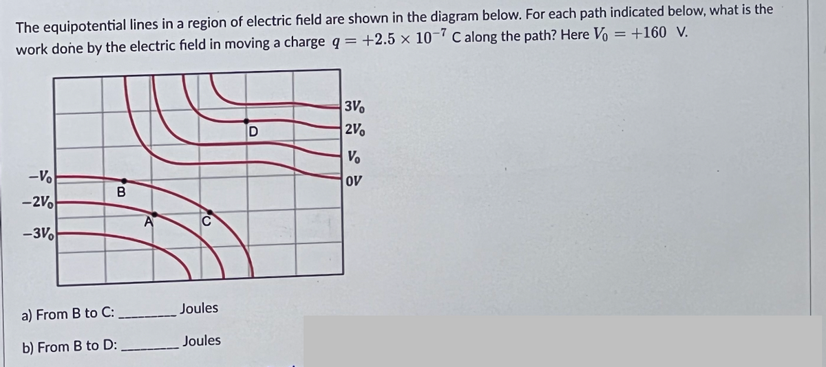 The equipotential lines in a region of electric field are shown in the diagram below. For each path indicated below, what is the
+160 V.
work done by the electric field in moving a charge q = +2.5 x 10-7 Calong the path? Here V₁
-Vo
-2V
-3V
B
a) From B to C:
b) From B to D:
C
Joules
Joules
D
3V
2V
Vo
OV