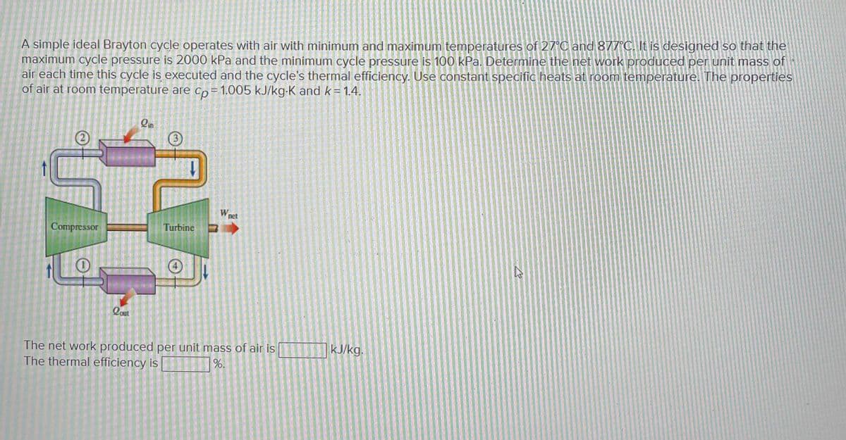 A simple ideal Brayton cycle operates with air with minimum and maximum temperatures of 27°C and 877°C. It is designed so that the
maximum cycle pressure is 2000 kPa and the minimum cycle pressure is 100 kPa. Determine the net work produced per unit mass of
air each time this cycle is executed and the cycle's thermal efficiency. Use constant specific heats at room temperature. The properties
of air at room temperature are cp=1.005 kJ/kg-K and k = 1.4.
2
Compressor
0
Qout
lin
Turbine
W
The net work produced per unit mass of air is
The thermal efficiency is
%.
kJ/kg.
h