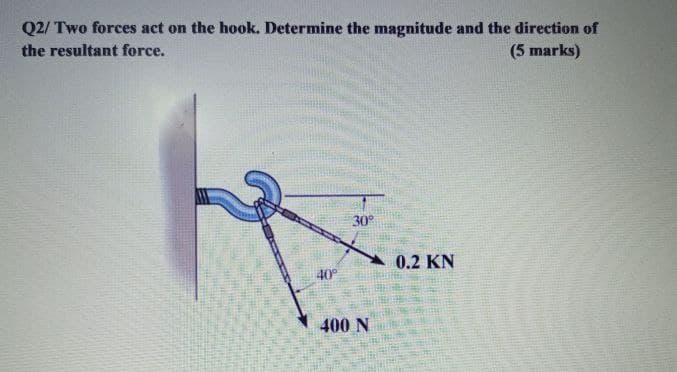 Q2/ Two forces act on the hook. Determine the magnitude and the direction of
(5 marks)
the resultant force.
30°
0.2 KN
40
400 N
