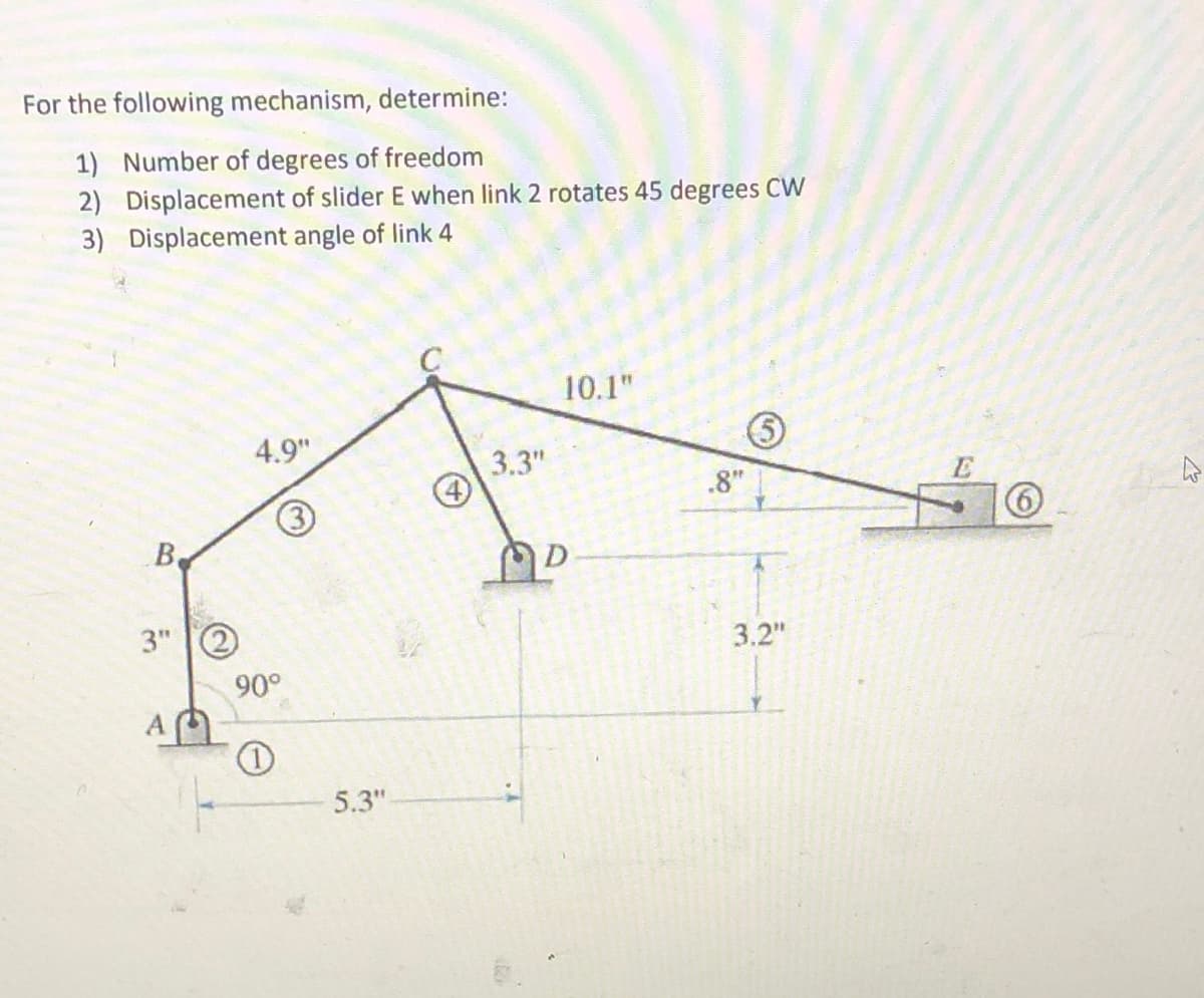 For the following mechanism, determine:
1) Number of degrees of freedom
2) Displacement of slider E when link 2 rotates 45 degrees CW
3) Displacement angle of link 4
10.1"
4.9"
3.3"
.8"
3
B
D
3" 2
3.2"
90°
5.3"
