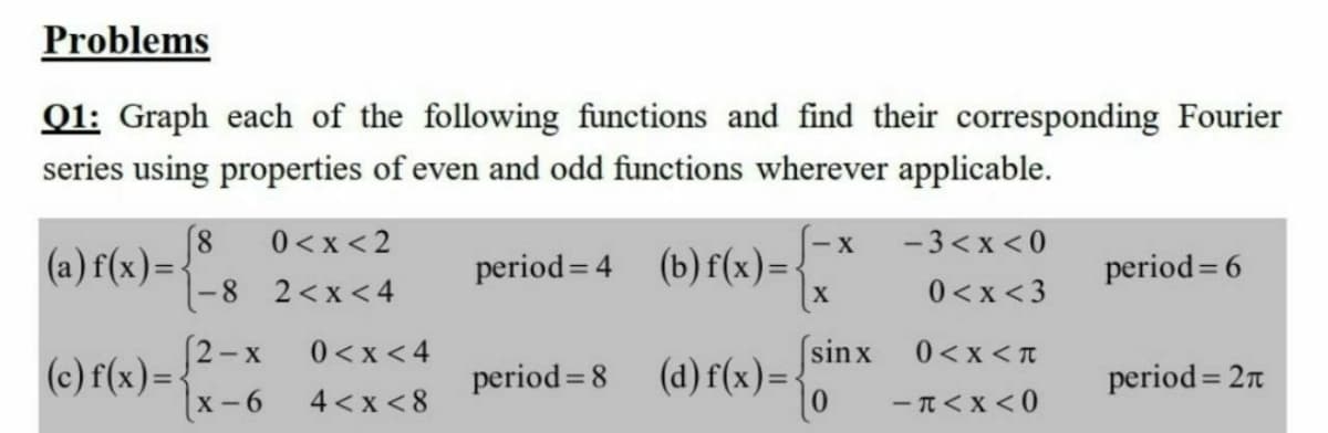 Problems
Q1: Graph each of the following functions and find their corresponding Fourier
series using properties of even and odd functions wherever applicable.
-3<x < 0
8
(a) f(x) = {_8_2<x<4
0<x <2
- X
(b) f(x)=-
X
period=4
period= 6
-8 2<x<4
0<x <3
0< x < 4
4 <x < 8
(sinx
(d) f(x)=-
0<x< T
2-x
(c) f(x)=-
x- 6
period= 8
period= 2n
- T<x <0
