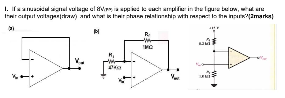 I. If a sinusoidal signal voltage of 8V(PP) is applied to each amplifier in the figure below, what are
their output voltages(draw) and what is their phase relationship with respect to the inputs?(2marks)
+15 V
(a)
(b)
R
W-
R,
8.2 k
1MO
Vout
R,
Vout
47KO
R2
1.0 kN
Vout
Vin
Vin
