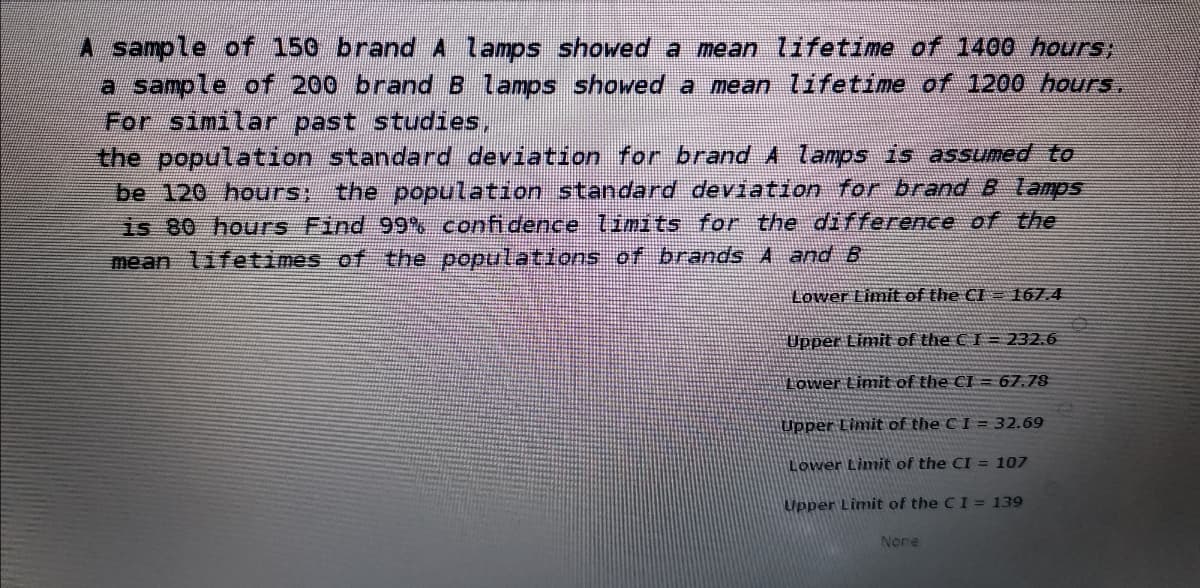 A sample of 150 brand A lamps showed a mean lifetime of 1400 hours;
a sample of 200 brand B lamps showed a mean lifetime of 1200 hours.
For similar past studies,
the population standard deviation for brand A lamps is assumed to
be 120 hours; the population standard deviation for brand B lamps
is 80 hours Find 99% confidence limits for the difference of the
mean lifetimes of the populations of brands A and B
Lower Limit of the CI = 167.4
Upper Limit of the C I = 232.6
Lower Limit of the CI = 67.78
Upper Limit of the CI = 32.69
Lower Limit of the CI = 107
Upper Limit of the CI = 139
None
