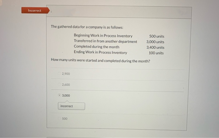 Incorrect
The gathered data for a company is as follows:
Beginning Work in Process Inventory
Transferred in from another department
Completed during the month
Ending Work in Process Inventory
How many units were started and completed during the month?
2,900
2,600
3,000
incorrect
500
500 units
3,000 units
3,400 units
100 units